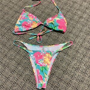 Floral Tropical String Bikini Set in Aqua with Pink & Yellow Flowers * Size S